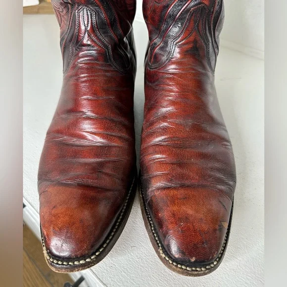 Vintage Lucchese Men’s 12B Cowboy Boots Brown Burgundy Handmade Leather Western - Picture 3 of 11